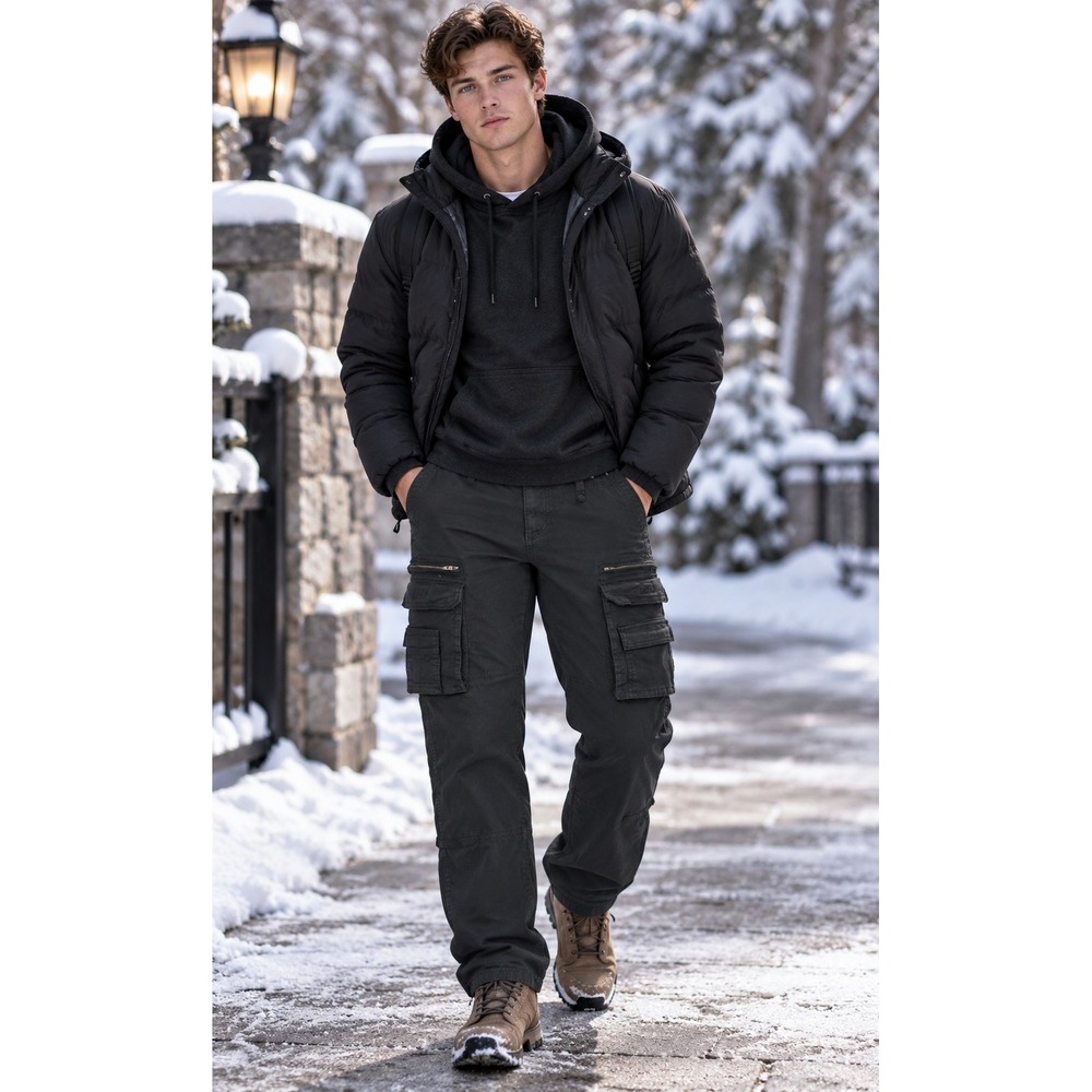 Hollister Mens Loose Fit Cargo Pants Black Utility Multi Pocket W36 L32